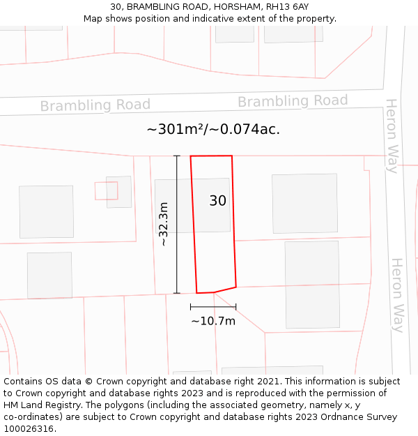 30, BRAMBLING ROAD, HORSHAM, RH13 6AY: Plot and title map