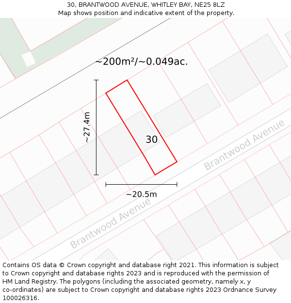 30, BRANTWOOD AVENUE, WHITLEY BAY, NE25 8LZ: Plot and title map
