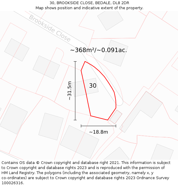 30, BROOKSIDE CLOSE, BEDALE, DL8 2DR: Plot and title map