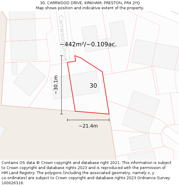 30, CARRWOOD DRIVE, KIRKHAM, PRESTON, PR4 2YQ: Plot and title map