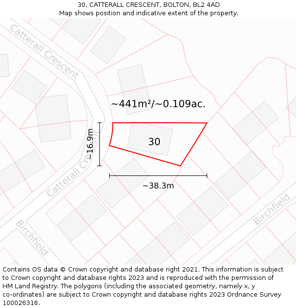 30, CATTERALL CRESCENT, BOLTON, BL2 4AD: Plot and title map