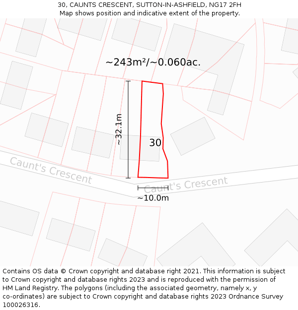 30, CAUNTS CRESCENT, SUTTON-IN-ASHFIELD, NG17 2FH: Plot and title map