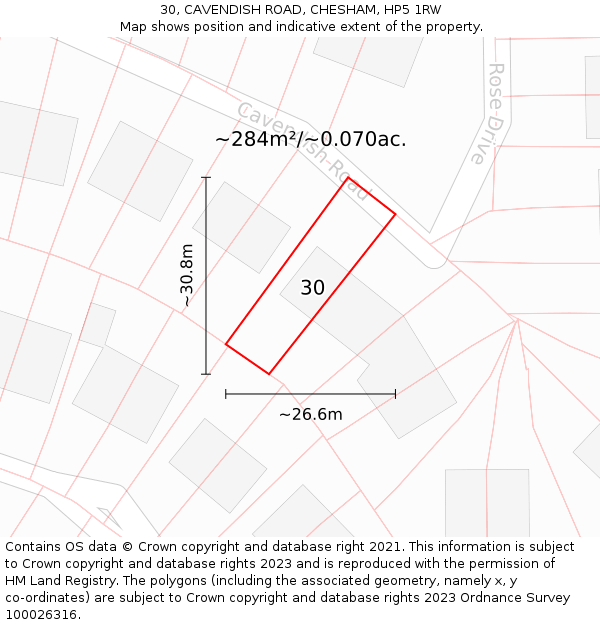 30, CAVENDISH ROAD, CHESHAM, HP5 1RW: Plot and title map