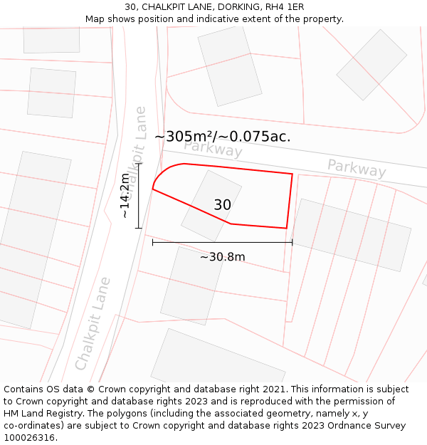 30, CHALKPIT LANE, DORKING, RH4 1ER: Plot and title map