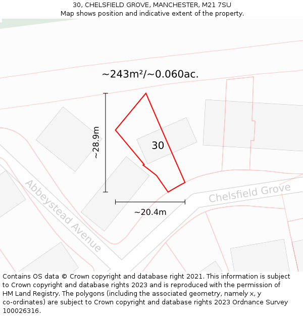 30, CHELSFIELD GROVE, MANCHESTER, M21 7SU: Plot and title map