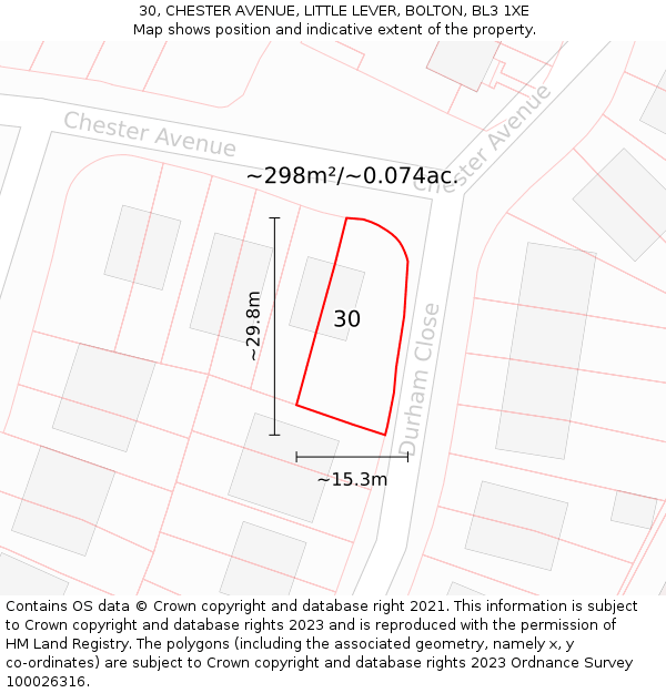 30, CHESTER AVENUE, LITTLE LEVER, BOLTON, BL3 1XE: Plot and title map