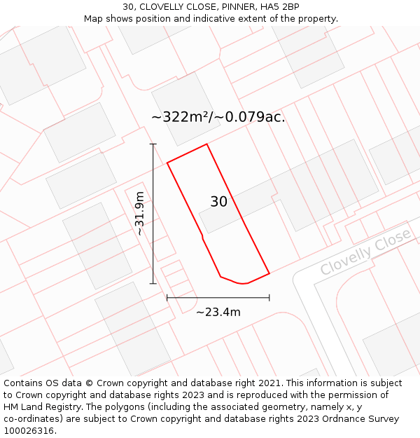 30, CLOVELLY CLOSE, PINNER, HA5 2BP: Plot and title map