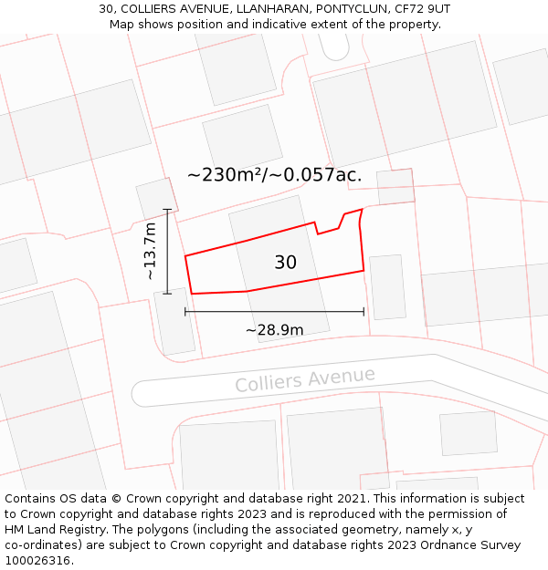 30, COLLIERS AVENUE, LLANHARAN, PONTYCLUN, CF72 9UT: Plot and title map