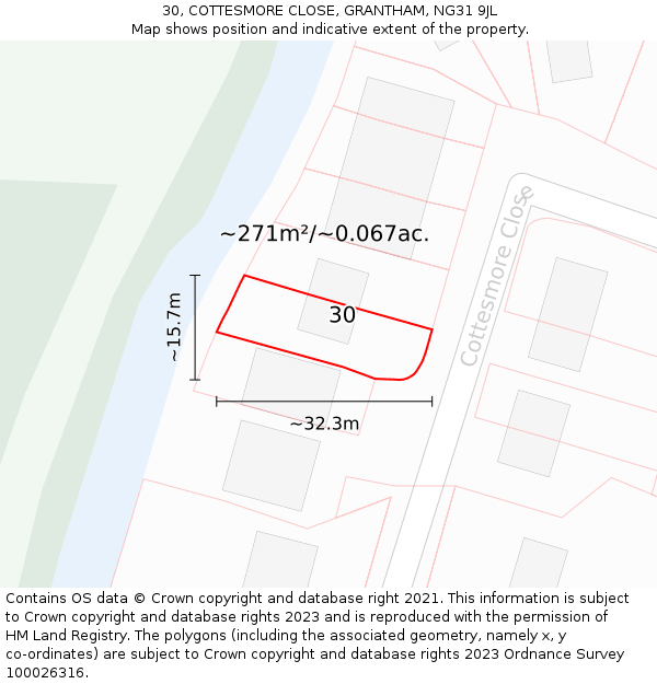 30, COTTESMORE CLOSE, GRANTHAM, NG31 9JL: Plot and title map