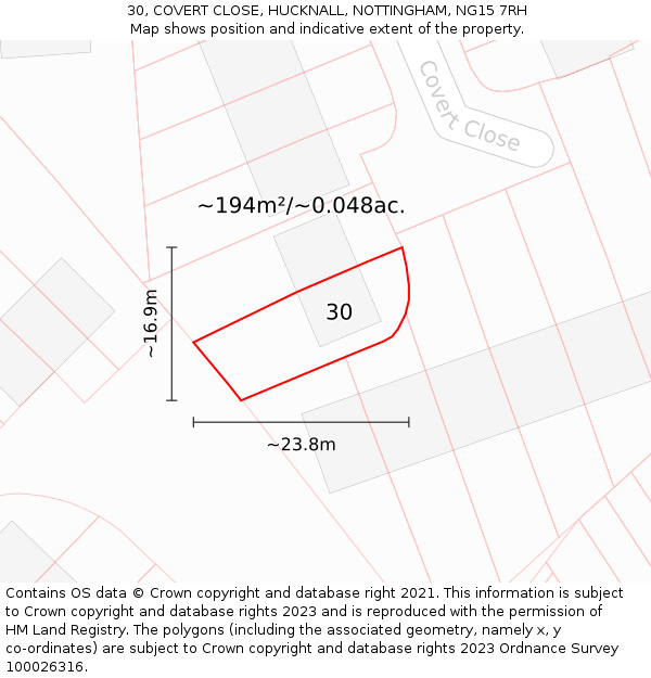 30, COVERT CLOSE, HUCKNALL, NOTTINGHAM, NG15 7RH: Plot and title map