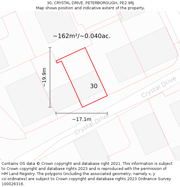 30, CRYSTAL DRIVE, PETERBOROUGH, PE2 9RJ: Plot and title map