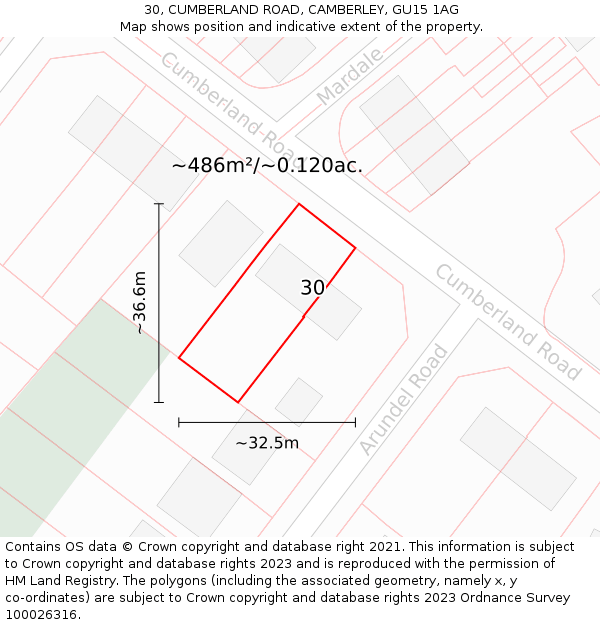 30, CUMBERLAND ROAD, CAMBERLEY, GU15 1AG: Plot and title map