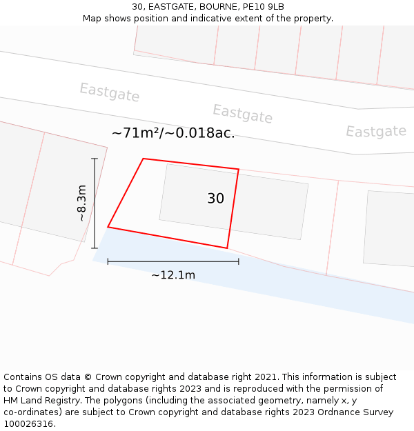 30, EASTGATE, BOURNE, PE10 9LB: Plot and title map