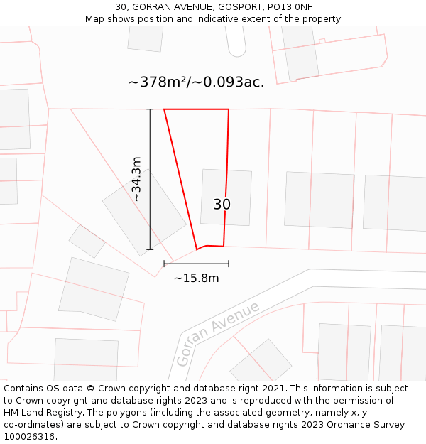 30, GORRAN AVENUE, GOSPORT, PO13 0NF: Plot and title map