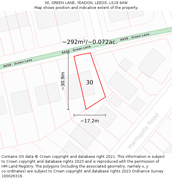 30, GREEN LANE, YEADON, LEEDS, LS19 6AW: Plot and title map