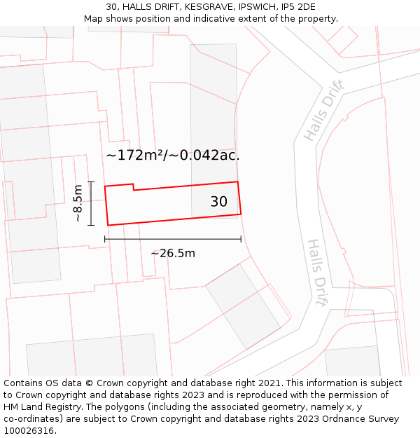 30, HALLS DRIFT, KESGRAVE, IPSWICH, IP5 2DE: Plot and title map