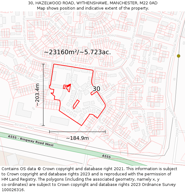 30, HAZELWOOD ROAD, WYTHENSHAWE, MANCHESTER, M22 0AD: Plot and title map