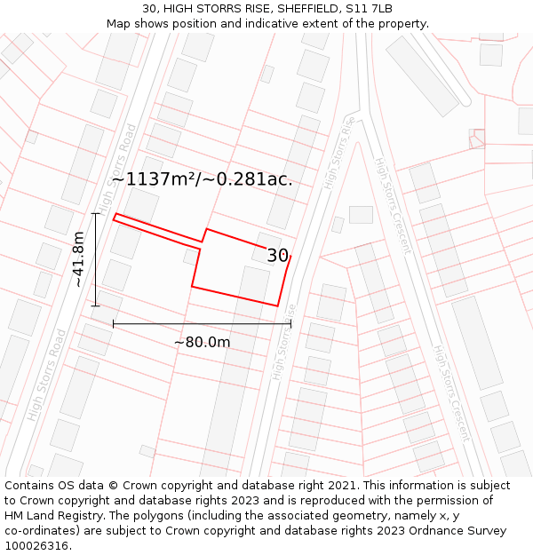 30, HIGH STORRS RISE, SHEFFIELD, S11 7LB: Plot and title map