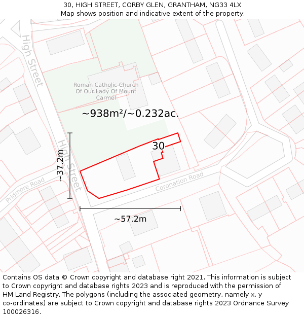 30, HIGH STREET, CORBY GLEN, GRANTHAM, NG33 4LX: Plot and title map