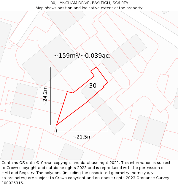 30, LANGHAM DRIVE, RAYLEIGH, SS6 9TA: Plot and title map
