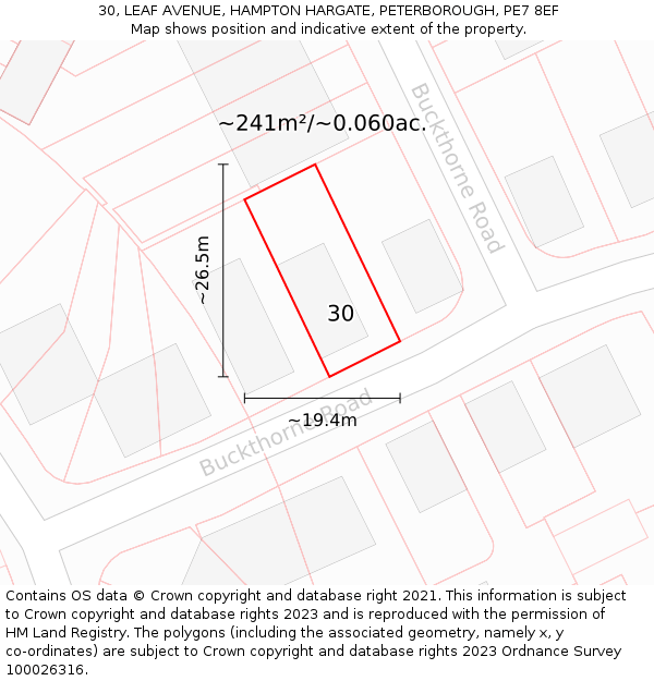 30, LEAF AVENUE, HAMPTON HARGATE, PETERBOROUGH, PE7 8EF: Plot and title map