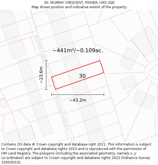 30, MURRAY CRESCENT, PINNER, HA5 3QE: Plot and title map