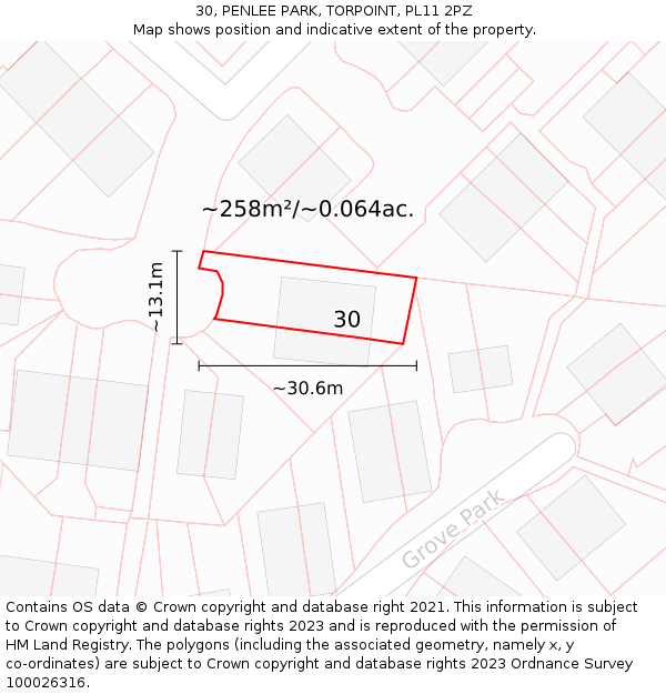 30, PENLEE PARK, TORPOINT, PL11 2PZ: Plot and title map