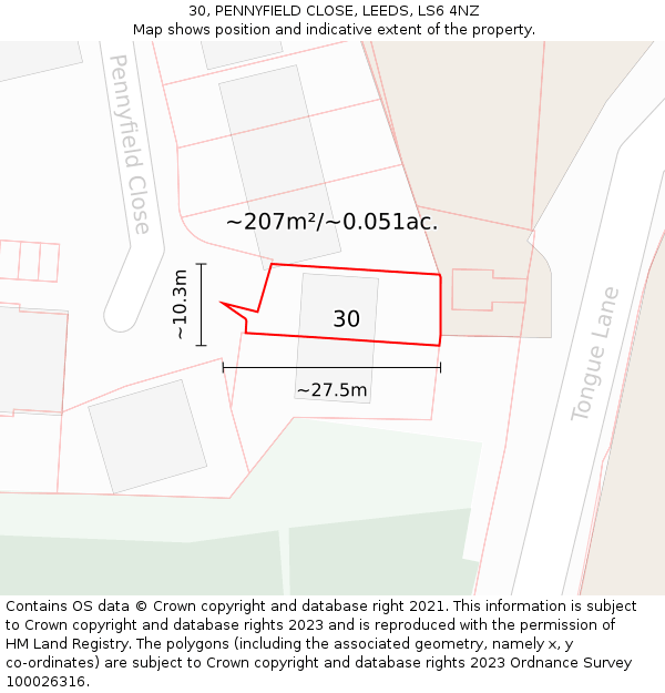 30, PENNYFIELD CLOSE, LEEDS, LS6 4NZ: Plot and title map