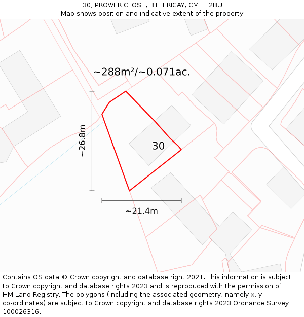 30, PROWER CLOSE, BILLERICAY, CM11 2BU: Plot and title map