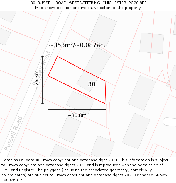 30, RUSSELL ROAD, WEST WITTERING, CHICHESTER, PO20 8EF: Plot and title map