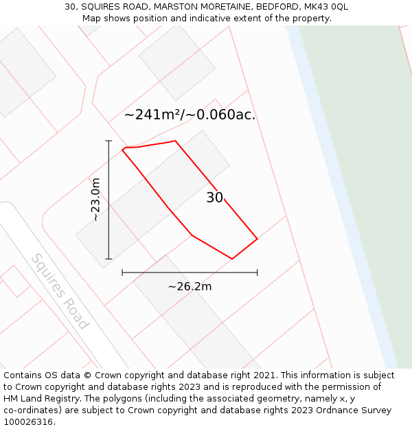 30, SQUIRES ROAD, MARSTON MORETAINE, BEDFORD, MK43 0QL: Plot and title map