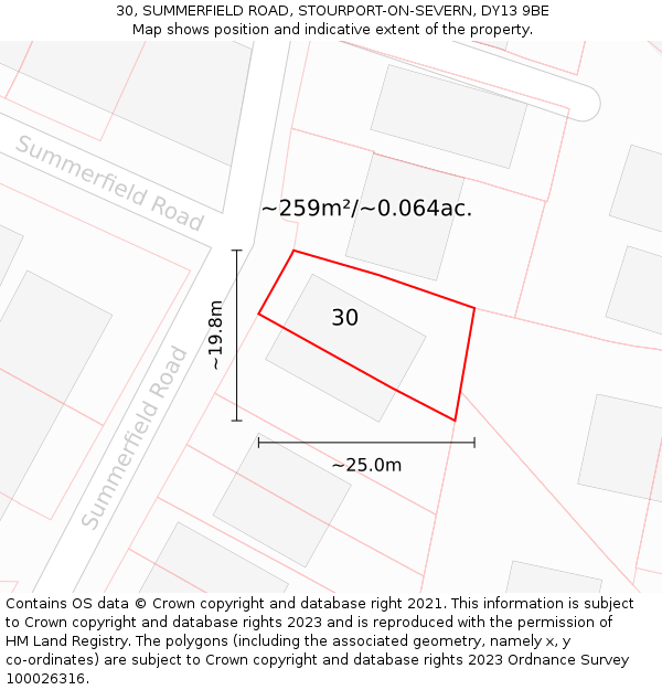 30, SUMMERFIELD ROAD, STOURPORT-ON-SEVERN, DY13 9BE: Plot and title map