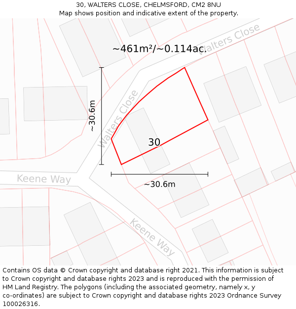 30, WALTERS CLOSE, CHELMSFORD, CM2 8NU: Plot and title map