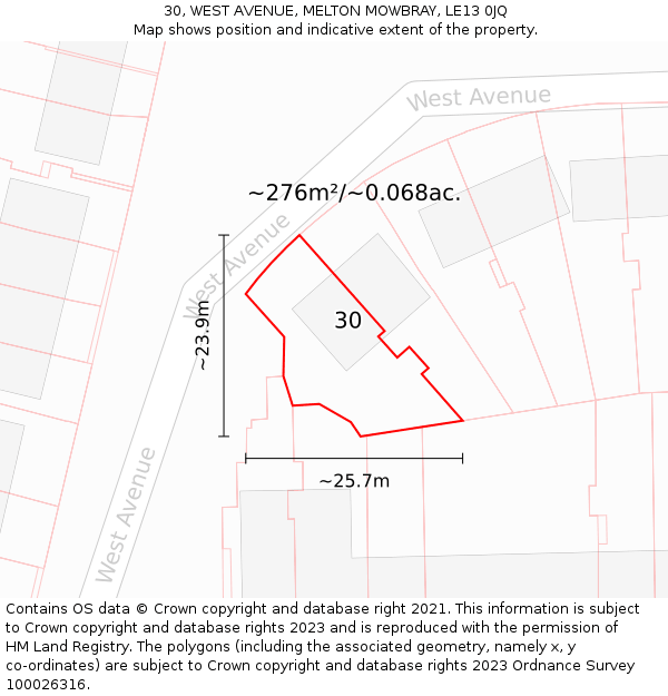 30, WEST AVENUE, MELTON MOWBRAY, LE13 0JQ: Plot and title map