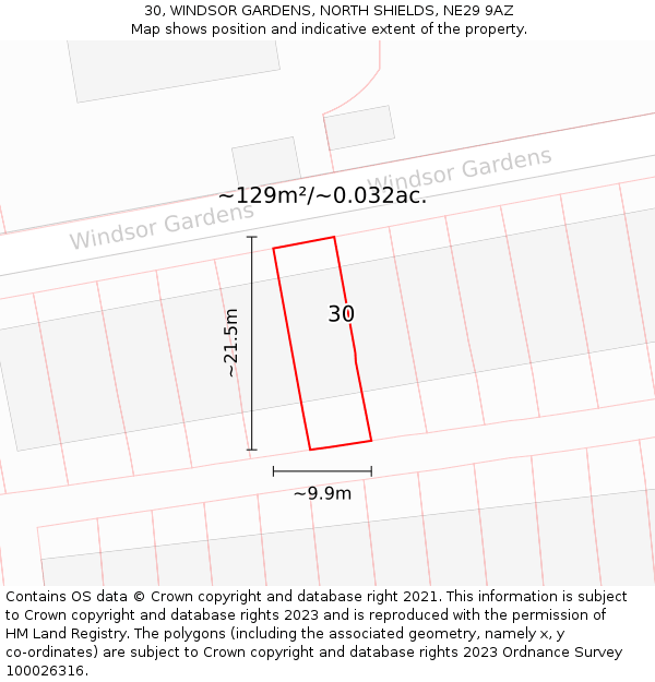 30, WINDSOR GARDENS, NORTH SHIELDS, NE29 9AZ: Plot and title map