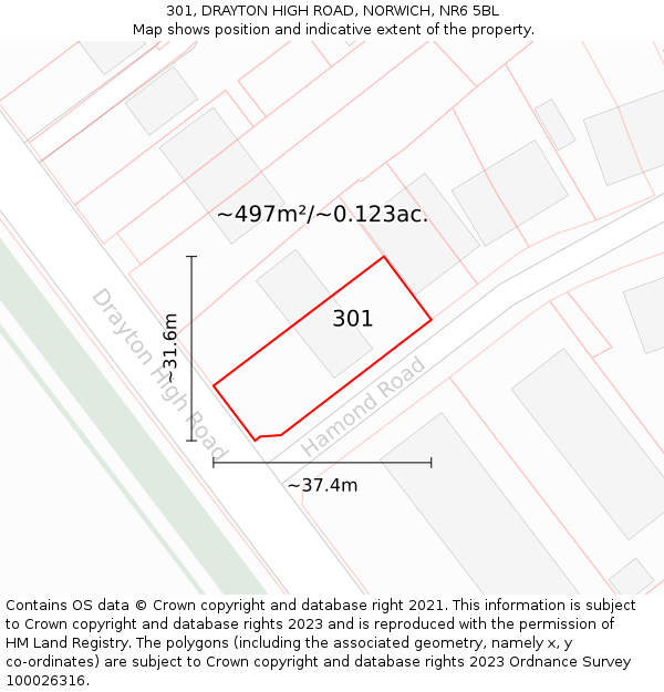 301, DRAYTON HIGH ROAD, NORWICH, NR6 5BL: Plot and title map