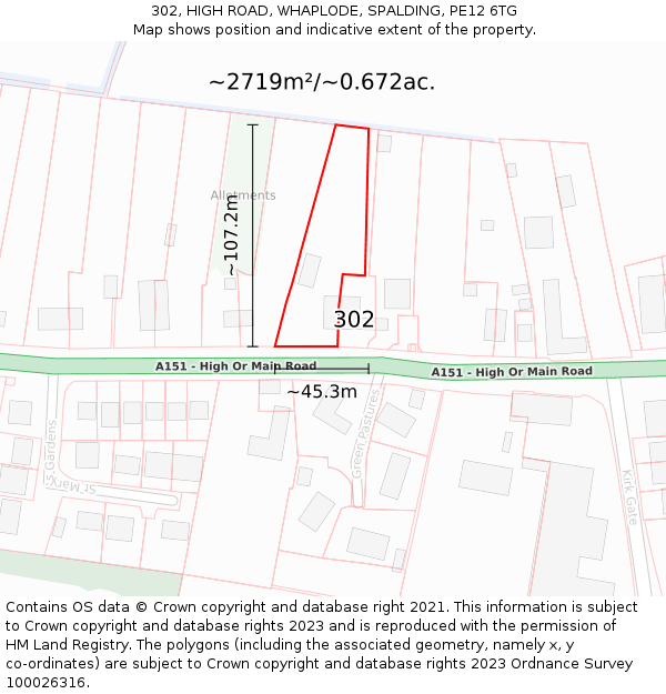 302, HIGH ROAD, WHAPLODE, SPALDING, PE12 6TG: Plot and title map