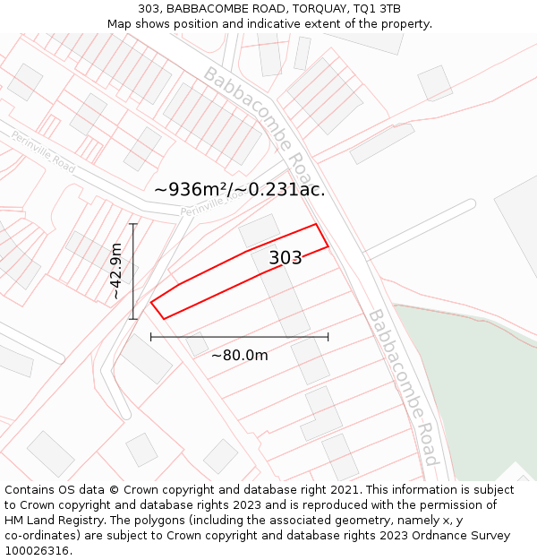 303, BABBACOMBE ROAD, TORQUAY, TQ1 3TB: Plot and title map