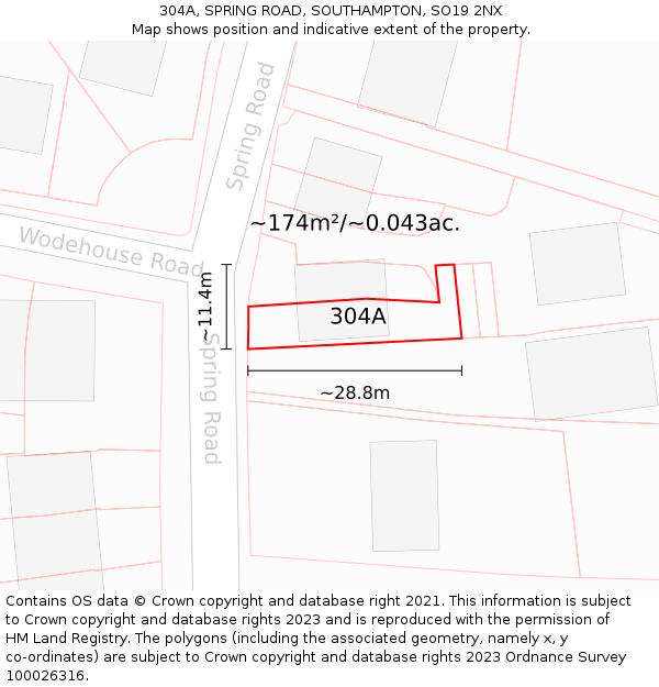 304A, SPRING ROAD, SOUTHAMPTON, SO19 2NX: Plot and title map