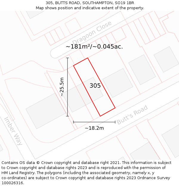 305, BUTTS ROAD, SOUTHAMPTON, SO19 1BR: Plot and title map
