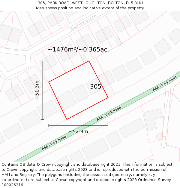 305, PARK ROAD, WESTHOUGHTON, BOLTON, BL5 3HU: Plot and title map