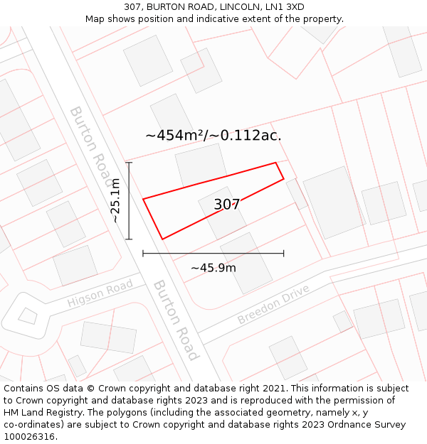 307, BURTON ROAD, LINCOLN, LN1 3XD: Plot and title map