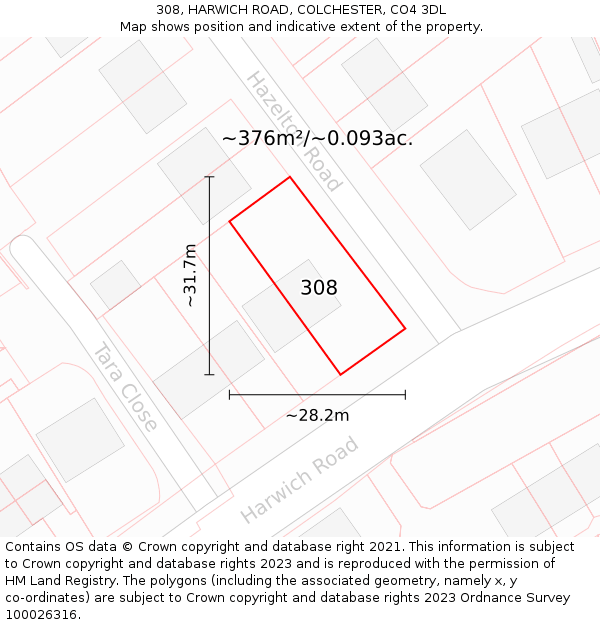 308, HARWICH ROAD, COLCHESTER, CO4 3DL: Plot and title map