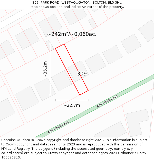 309, PARK ROAD, WESTHOUGHTON, BOLTON, BL5 3HU: Plot and title map