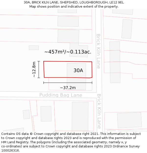 30A, BRICK KILN LANE, SHEPSHED, LOUGHBOROUGH, LE12 9EL: Plot and title map