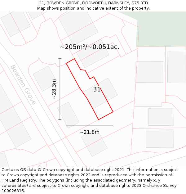 31, BOWDEN GROVE, DODWORTH, BARNSLEY, S75 3TB: Plot and title map