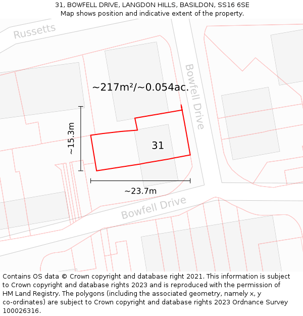 31, BOWFELL DRIVE, LANGDON HILLS, BASILDON, SS16 6SE: Plot and title map