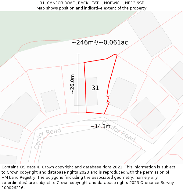 31, CANFOR ROAD, RACKHEATH, NORWICH, NR13 6SP: Plot and title map