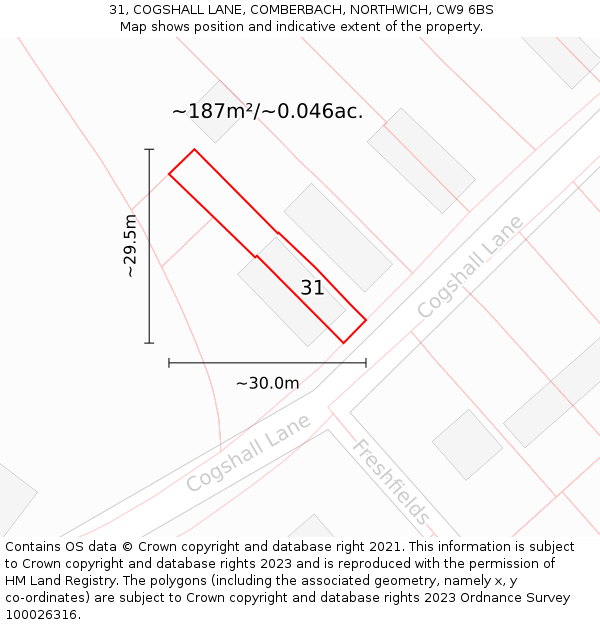 31, COGSHALL LANE, COMBERBACH, NORTHWICH, CW9 6BS: Plot and title map