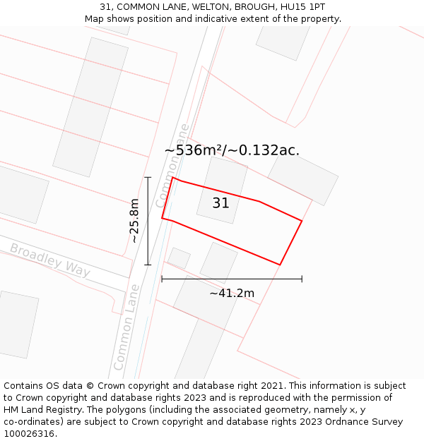 31, COMMON LANE, WELTON, BROUGH, HU15 1PT: Plot and title map